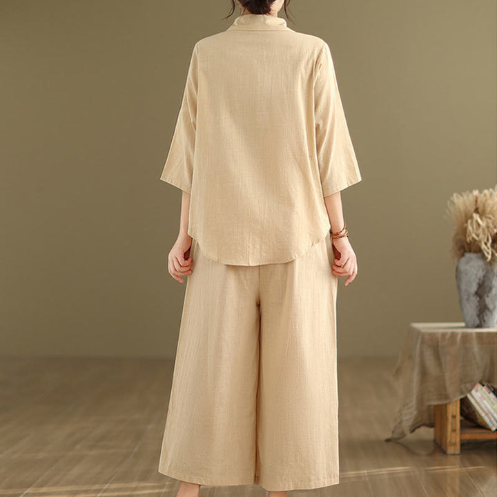 Buddha Stones 2 szt. Koszula damska z kołnierzykiem stojącym, luźne spodnie, zestaw ubrań do medytacji - image 4