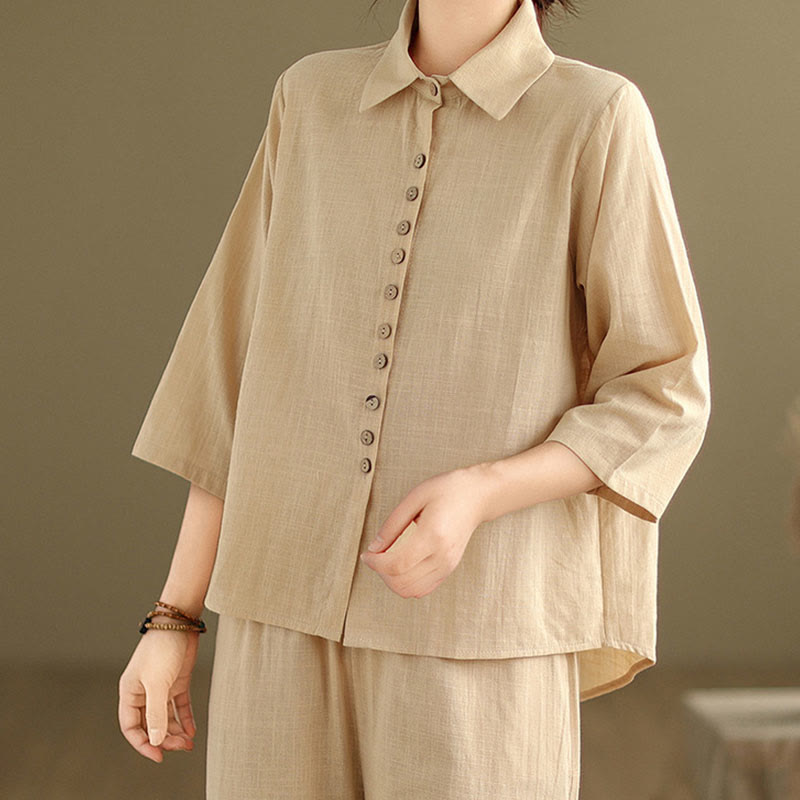 Buddha Stones 2 szt. Koszula damska z kołnierzykiem stojącym, luźne spodnie, zestaw ubrań do medytacji - image 5