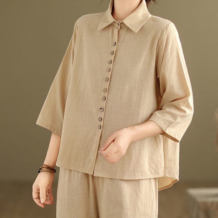 Buddha Stones 2 szt. Koszula damska z kołnierzykiem stojącym, luźne spodnie, zestaw ubrań do medytacji - image 5