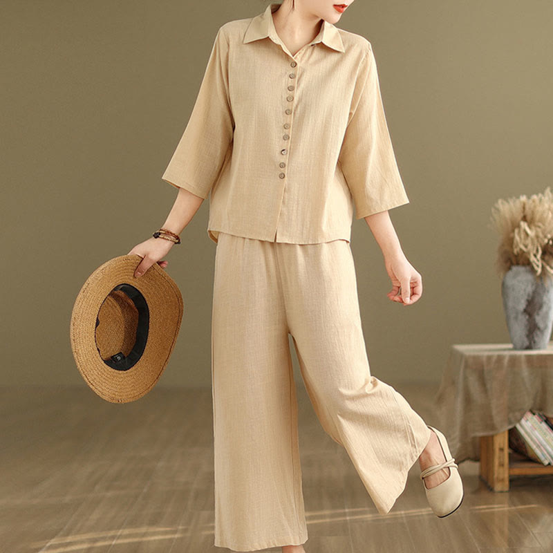 Buddha Stones 2 szt. Koszula damska z kołnierzykiem stojącym, luźne spodnie, zestaw ubrań do medytacji - image 2