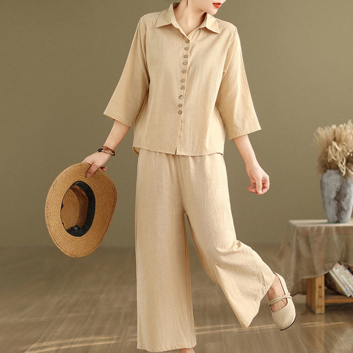 Buddha Stones 2 szt. Koszula damska z kołnierzykiem stojącym, luźne spodnie, zestaw ubrań do medytacji - image 2