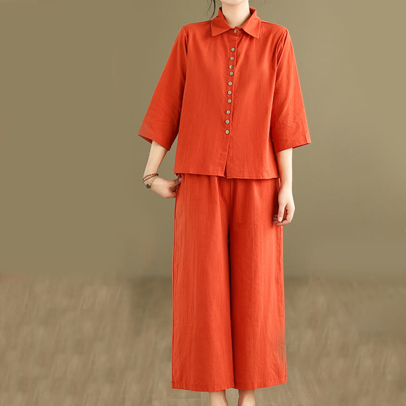 Buddha Stones 2 szt. Koszula damska z kołnierzykiem stojącym, luźne spodnie, zestaw ubrań do medytacji - Pomarańczowo-czerwony - US12, UK/AU16, EU44 (2XL) - image 7