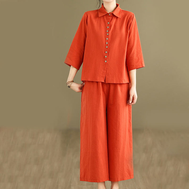 Buddha Stones 2 szt. Koszula damska z kołnierzykiem stojącym, luźne spodnie, zestaw ubrań do medytacji - Pomarańczowo-czerwony - US12, UK/AU16, EU44 (2XL) - image 7