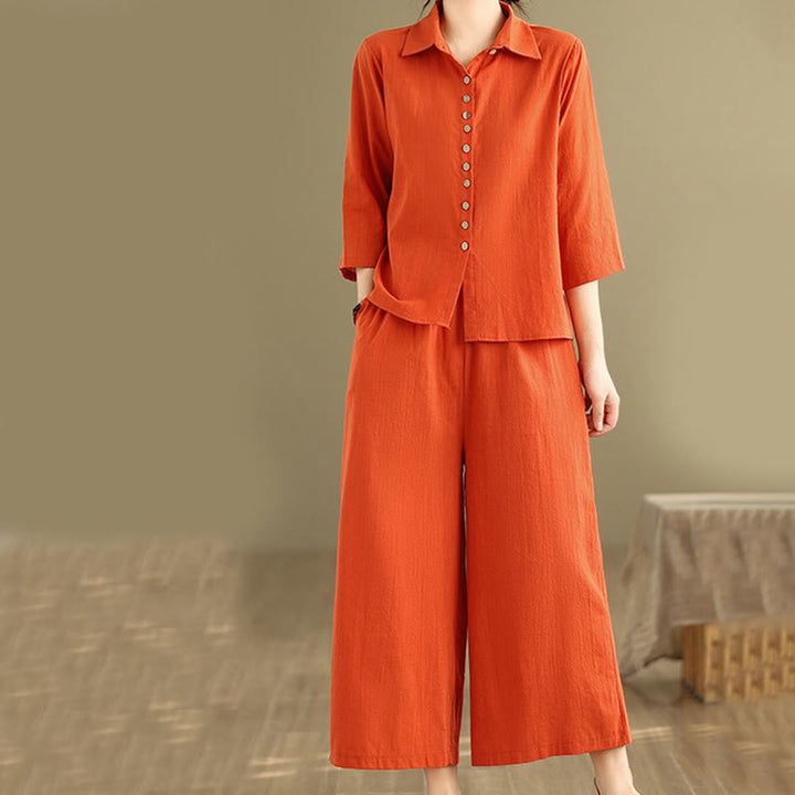 Buddha Stones 2 szt. Koszula damska z kołnierzykiem stojącym, luźne spodnie, zestaw ubrań do medytacji - image 9