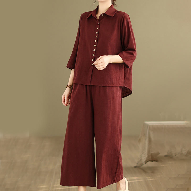 Buddha Stones 2 szt. Koszula damska z kołnierzykiem stojącym, luźne spodnie, zestaw ubrań do medytacji - image 23