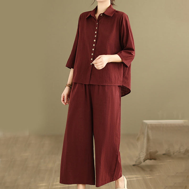 Buddha Stones 2 szt. Koszula damska z kołnierzykiem stojącym, luźne spodnie, zestaw ubrań do medytacji - image 23