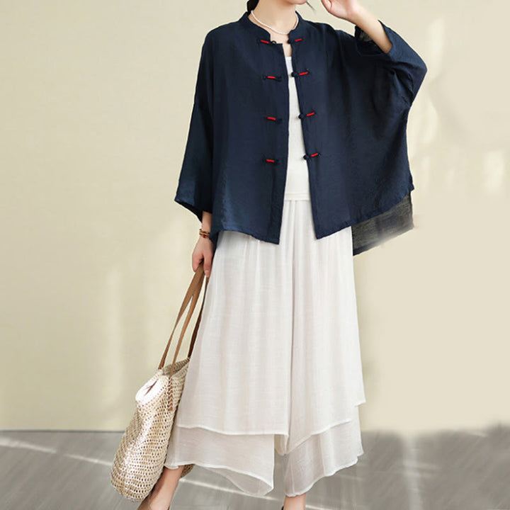 Buddha Stones, 2 sztuki, casualowa damska koszula z guzikami żaby, luźne spodnie, zestaw ubrań do medytacji - MidnightBlue - US12, UK/AU16, EU44 (XL) - image 1