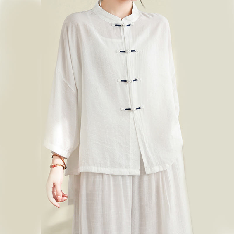 Buddha Stones, 2 sztuki, casualowa damska koszula z guzikami żaby, luźne spodnie, zestaw ubrań do medytacji - image 12