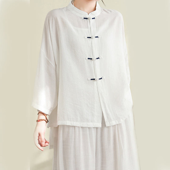 Buddha Stones, 2 sztuki, casualowa damska koszula z guzikami żaby, luźne spodnie, zestaw ubrań do medytacji - image 12