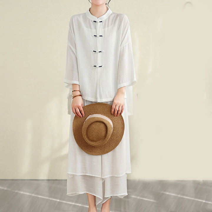 Buddha Stones, 2 sztuki, casualowa damska koszula z guzikami żaby, luźne spodnie, zestaw ubrań do medytacji - image 16