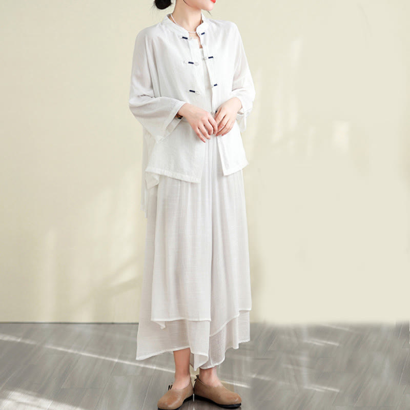 Buddha Stones, 2 sztuki, casualowa damska koszula z guzikami żaby, luźne spodnie, zestaw ubrań do medytacji - Śnieg - US12, UK/AU16, EU44 (XL) - image 7