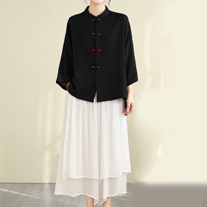 Buddha Stones, 2 sztuki, casualowa damska koszula z guzikami żaby, luźne spodnie, zestaw ubrań do medytacji - Czarny - US12, UK/AU16, EU44 (XL) - image 20