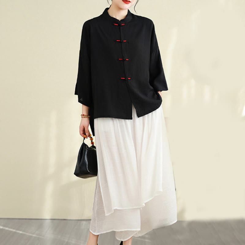 Buddha Stones, 2 sztuki, casualowa damska koszula z guzikami żaby, luźne spodnie, zestaw ubrań do medytacji - image 22