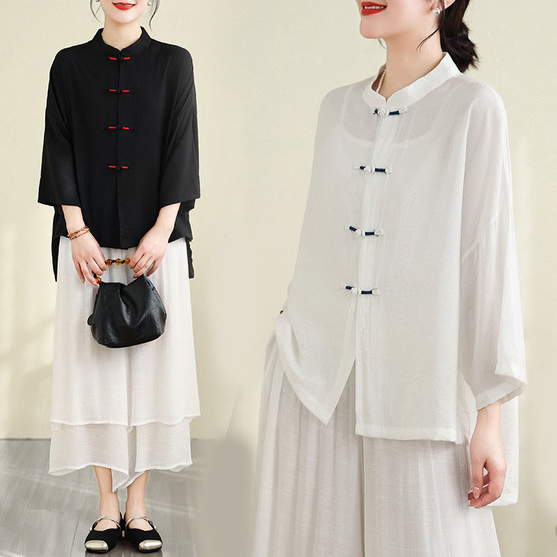 Buddha Stones, 2 sztuki, casualowa damska koszula z guzikami żaby, luźne spodnie, zestaw ubrań do medytacji - image 27