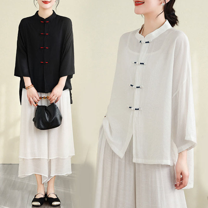 Buddha Stones, 2 sztuki, casualowa damska koszula z guzikami żaby, luźne spodnie, zestaw ubrań do medytacji - image 27