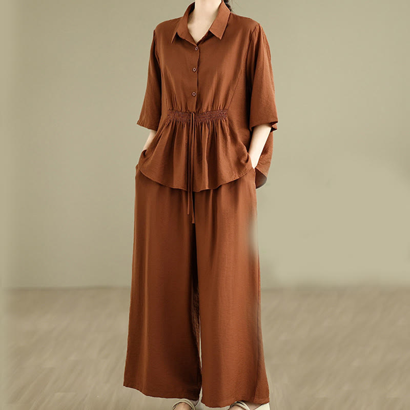 Buddha Stones 2 szt. Koszula damska z kołnierzykiem stojącym, luźne spodnie, zestaw ubrań do medytacji - image 1