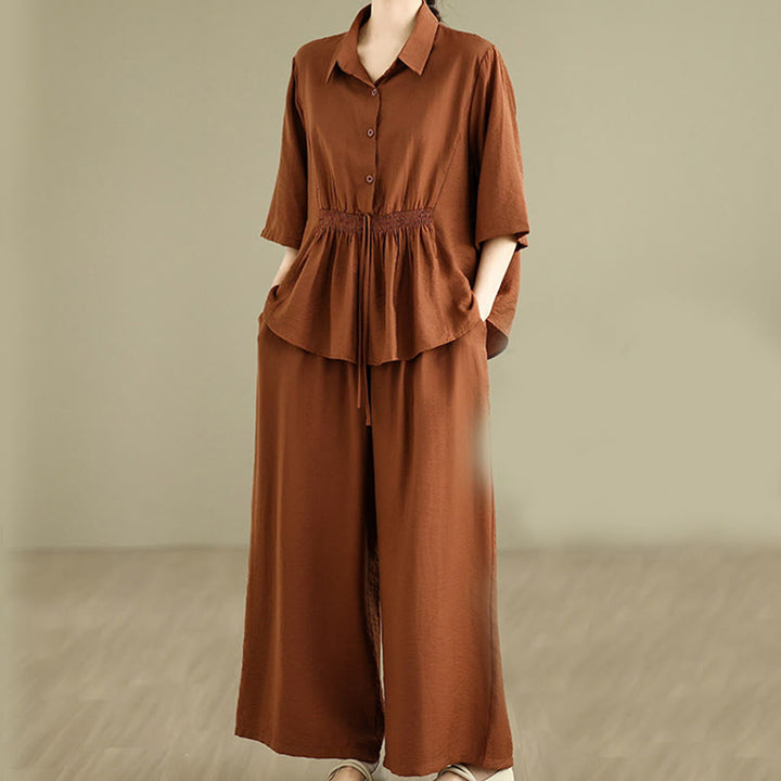 Buddha Stones 2 szt. Koszula damska z kołnierzykiem stojącym, luźne spodnie, zestaw ubrań do medytacji - image 1