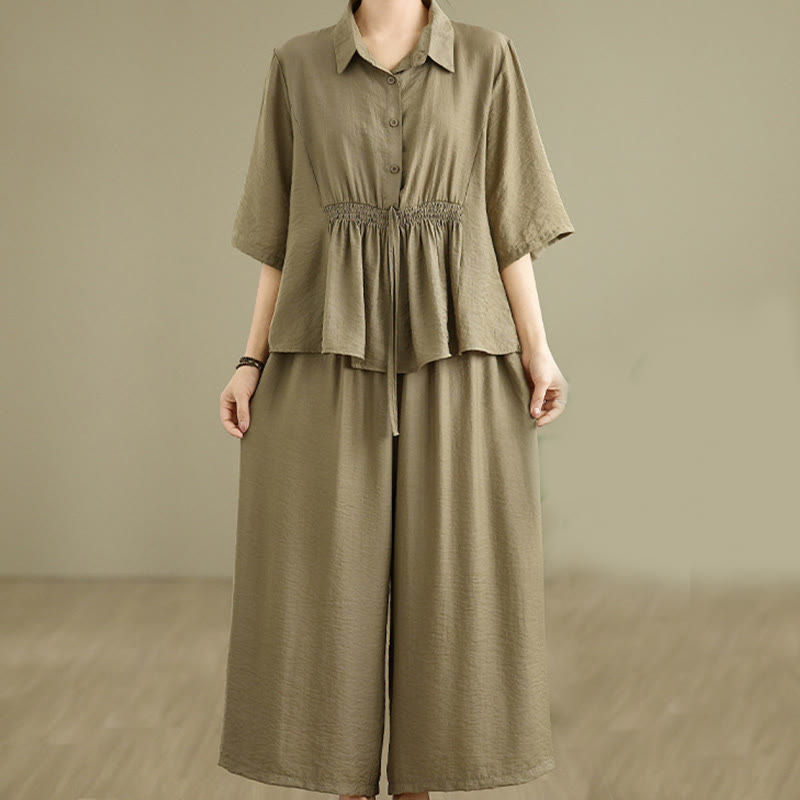 Buddha Stones 2 szt. Koszula damska z kołnierzykiem stojącym, luźne spodnie, zestaw ubrań do medytacji - Ciemny Khaki - US12, UK/AU16, EU44 (2XL) - image 12