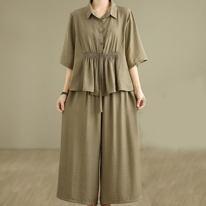 Buddha Stones 2 szt. Koszula damska z kołnierzykiem stojącym, luźne spodnie, zestaw ubrań do medytacji - Ciemny Khaki - US12, UK/AU16, EU44 (2XL) - image 12