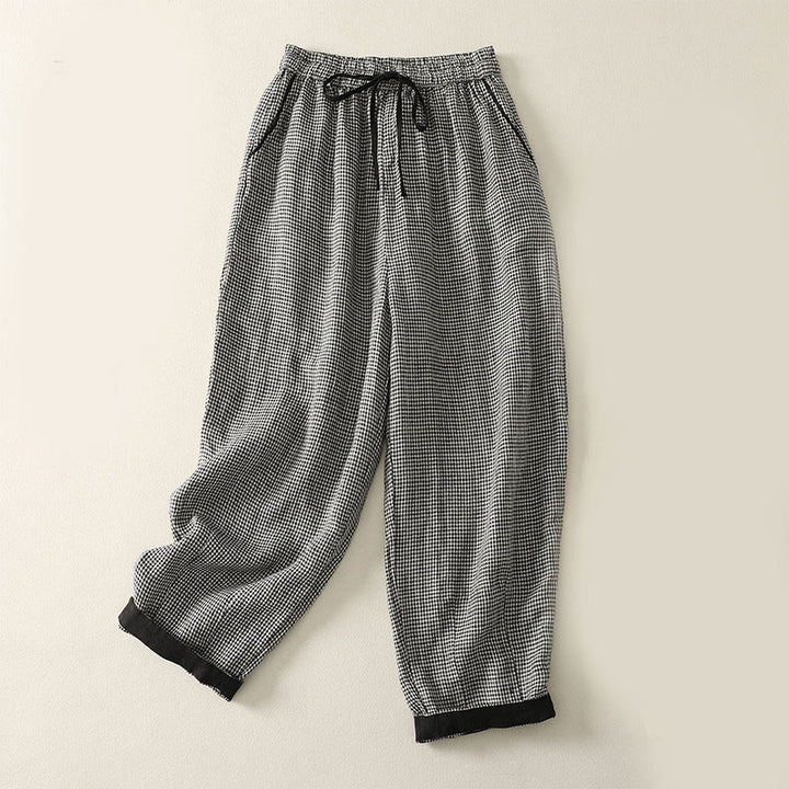 Spodnie damskie typu harem z bawełny i lnu z kieszeniami i wzorem w kratę „Buddha Stones” - Czarny - US8-10，UK/AU12-14，EU40-42 (2XL) - image 0