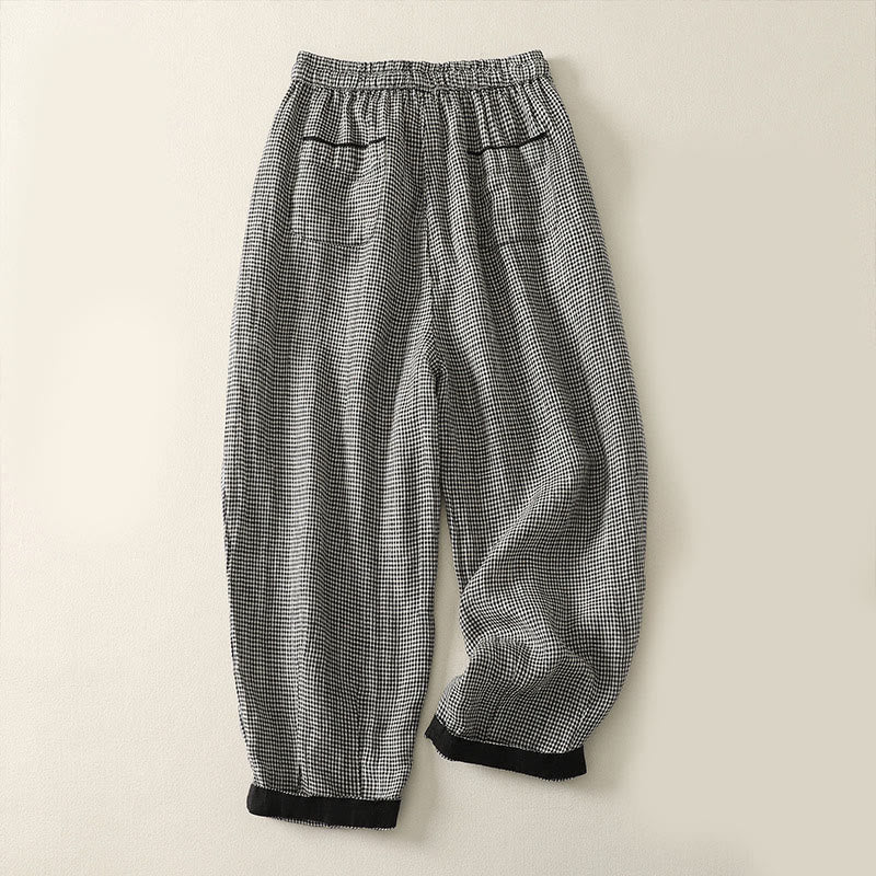 Spodnie damskie typu harem z bawełny i lnu z kieszeniami i wzorem w kratę „Buddha Stones” - image 1