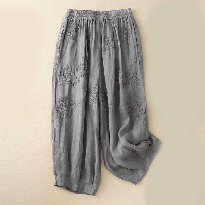 Damskie spodnie haremowe z bawełny i lnu z haftowanymi Buddha Stones i kieszeniami - Szary - US12, UK/AU16, EU44 (3XL) - image 1