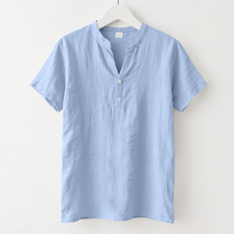 Koszula męska z krótkim rękawem i guzikami z lnu z motywem Buddha Stones, letnia, solidna - LightSkyBlue - US/UK/AU46， EU56 (3XL) - image 18