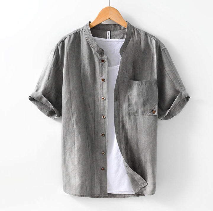 Koszula męska z krótkim rękawem, letnia, z guzikami i ramią, z lnu i bawełny, z motywem Buddha Stones - Ciemnoszary - US/UK/AU42， EU52 (3XL) - image 1