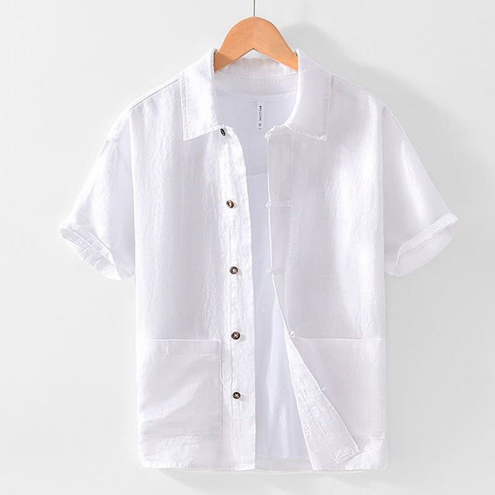 Koszula męska z krótkim rękawem i kieszeniami, lniana, z Buddha Stones , na lato, z guzikami - Biały - US/UK/AU42， EU52 (3XL) - image 9