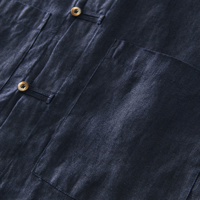 Koszula męska z krótkim rękawem i kieszeniami, lniana, z Buddha Stones , na lato, z guzikami - image 19