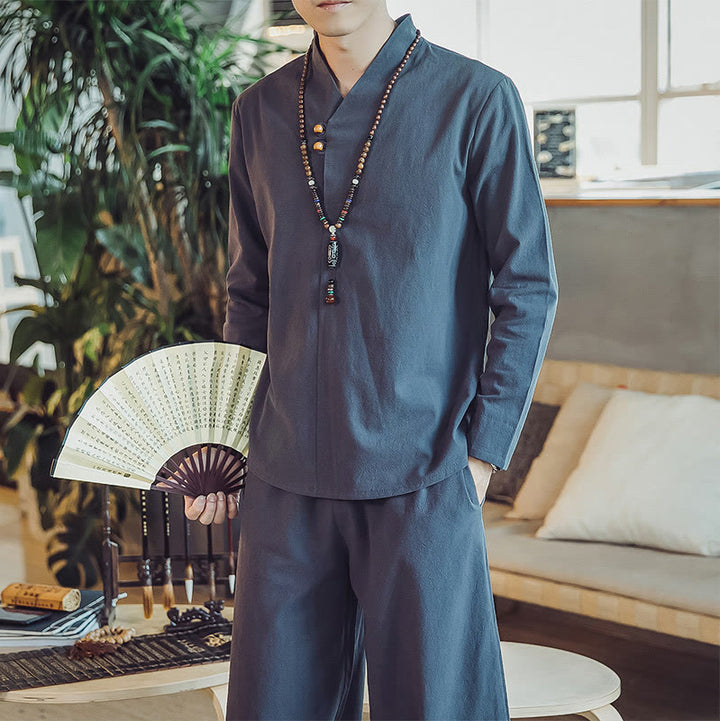 Koszula z Buddha Stones, 2 sztuki, spodnie do kostek z kieszeniami, męski zestaw do medytacji - image 41