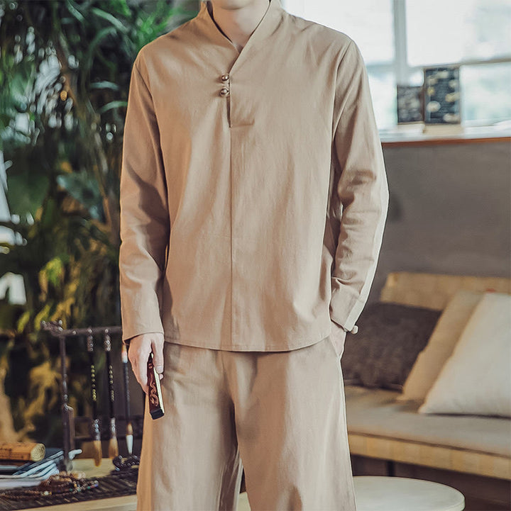 Koszula z Buddha Stones, 2 sztuki, spodnie do kostek z kieszeniami, męski zestaw do medytacji - image 29