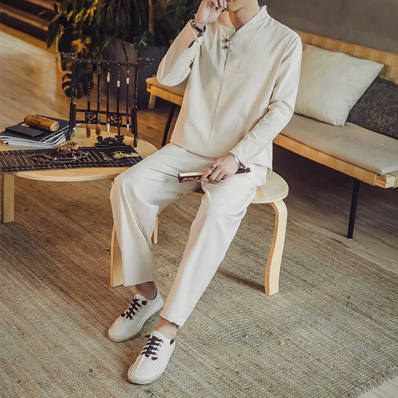 Koszula z Buddha Stones, 2 sztuki, spodnie do kostek z kieszeniami, męski zestaw do medytacji - image 3