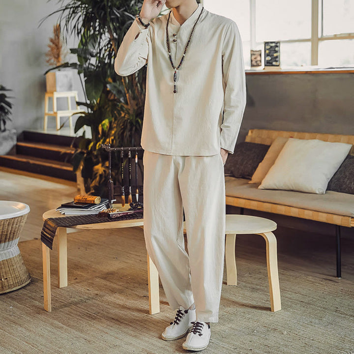 Koszula z Buddha Stones, 2 sztuki, spodnie do kostek z kieszeniami, męski zestaw do medytacji - image 1