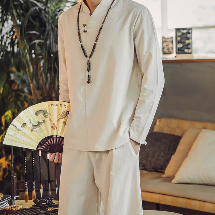 Koszula z Buddha Stones, 2 sztuki, spodnie do kostek z kieszeniami, męski zestaw do medytacji - image 6