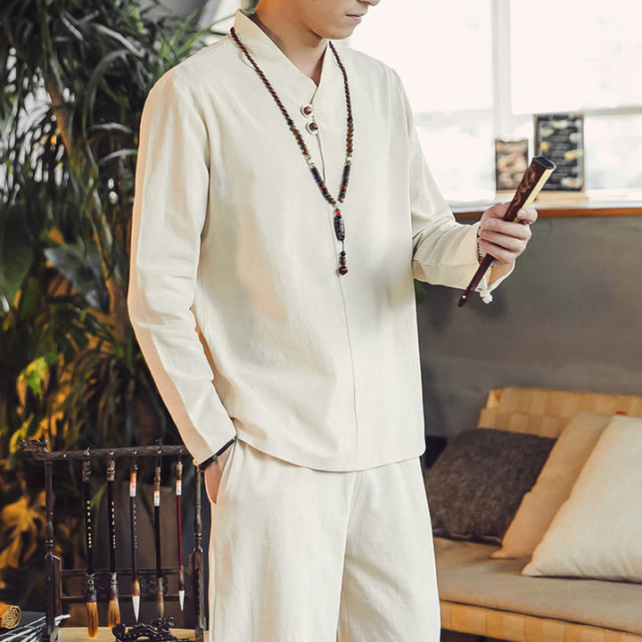 Koszula z Buddha Stones, 2 sztuki, spodnie do kostek z kieszeniami, męski zestaw do medytacji - image 4