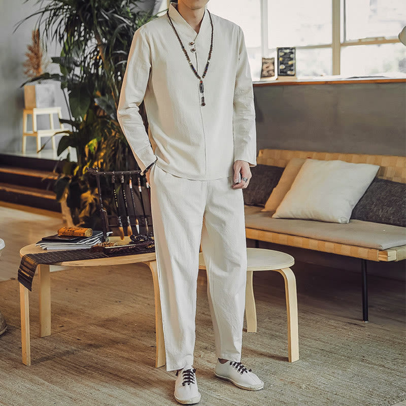 Koszula z Buddha Stones, 2 sztuki, spodnie do kostek z kieszeniami, męski zestaw do medytacji - image 2