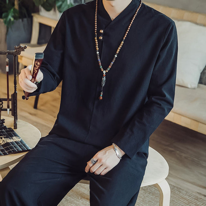 Koszula z Buddha Stones, 2 sztuki, spodnie do kostek z kieszeniami, męski zestaw do medytacji - image 14