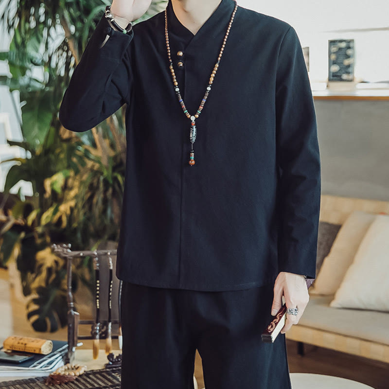 Koszula z Buddha Stones, 2 sztuki, spodnie do kostek z kieszeniami, męski zestaw do medytacji - image 17