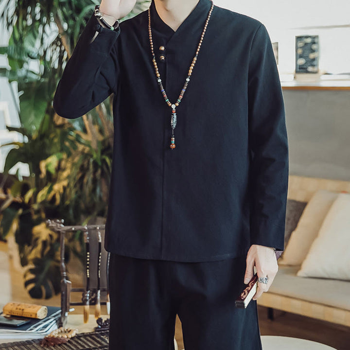 Koszula z Buddha Stones, 2 sztuki, spodnie do kostek z kieszeniami, męski zestaw do medytacji - image 17