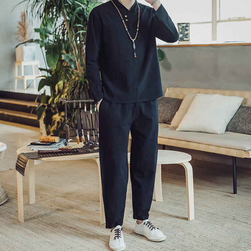 Koszula z Buddha Stones, 2 sztuki, spodnie do kostek z kieszeniami, męski zestaw do medytacji - image 10