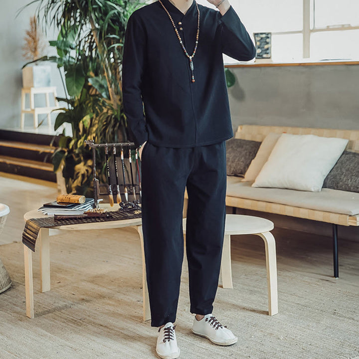 Koszula z Buddha Stones, 2 sztuki, spodnie do kostek z kieszeniami, męski zestaw do medytacji - image 10