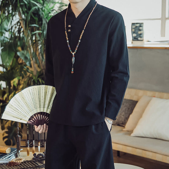 Koszula z Buddha Stones, 2 sztuki, spodnie do kostek z kieszeniami, męski zestaw do medytacji - image 15