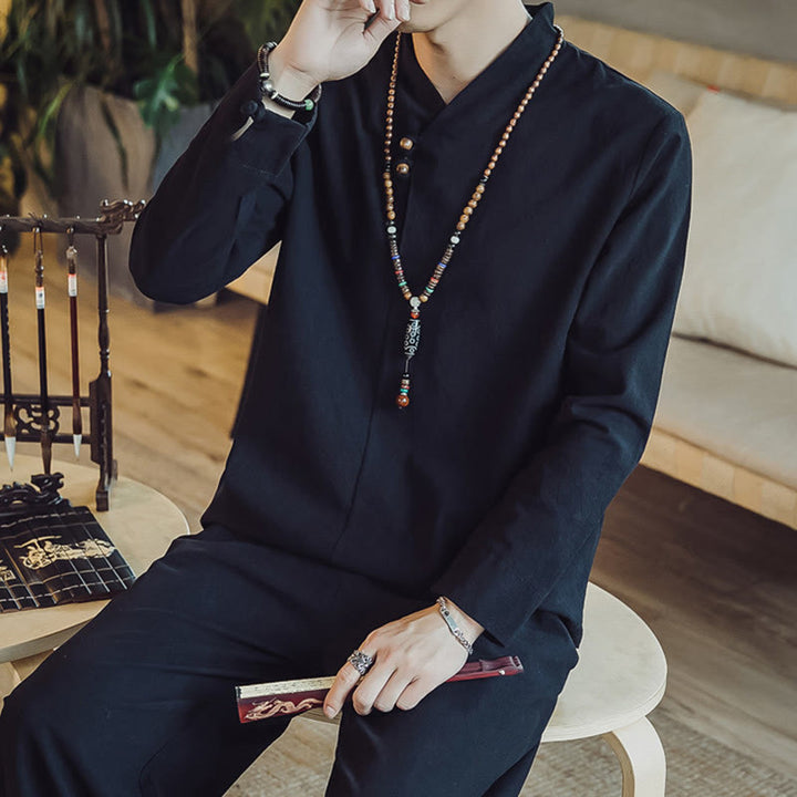 Koszula z Buddha Stones, 2 sztuki, spodnie do kostek z kieszeniami, męski zestaw do medytacji - image 16