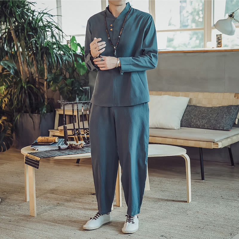 Koszula z Buddha Stones, 2 sztuki, spodnie do kostek z kieszeniami, męski zestaw do medytacji - image 20