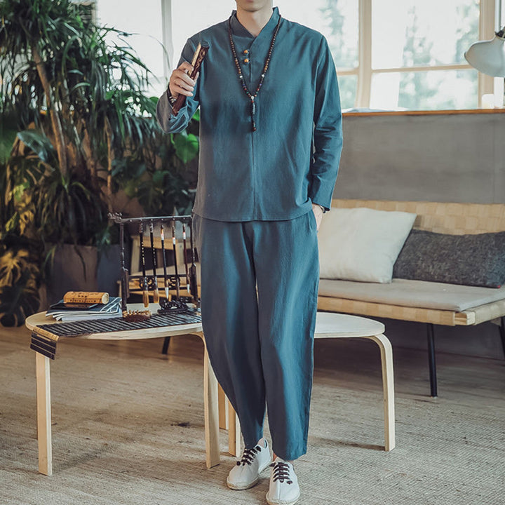 Koszula z Buddha Stones, 2 sztuki, spodnie do kostek z kieszeniami, męski zestaw do medytacji - image 19