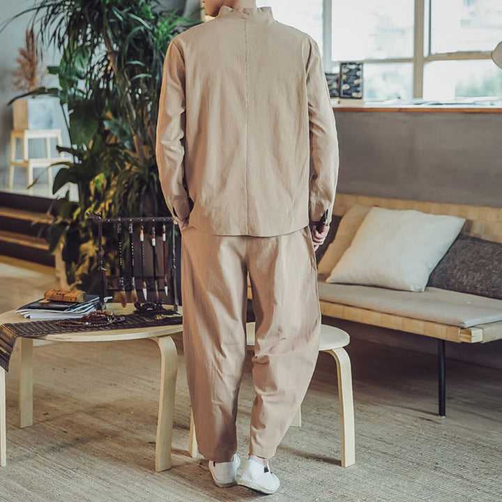 Koszula z Buddha Stones, 2 sztuki, spodnie do kostek z kieszeniami, męski zestaw do medytacji - image 28