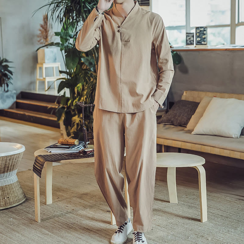 Koszula z Buddha Stones, 2 sztuki, spodnie do kostek z kieszeniami, męski zestaw do medytacji - image 27