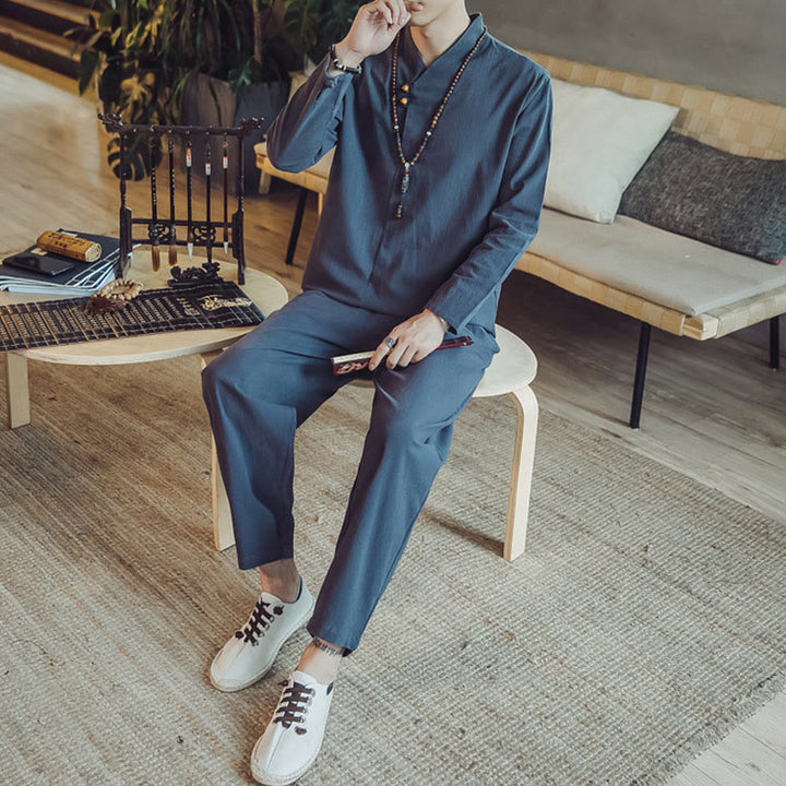 Koszula z Buddha Stones, 2 sztuki, spodnie do kostek z kieszeniami, męski zestaw do medytacji - image 37