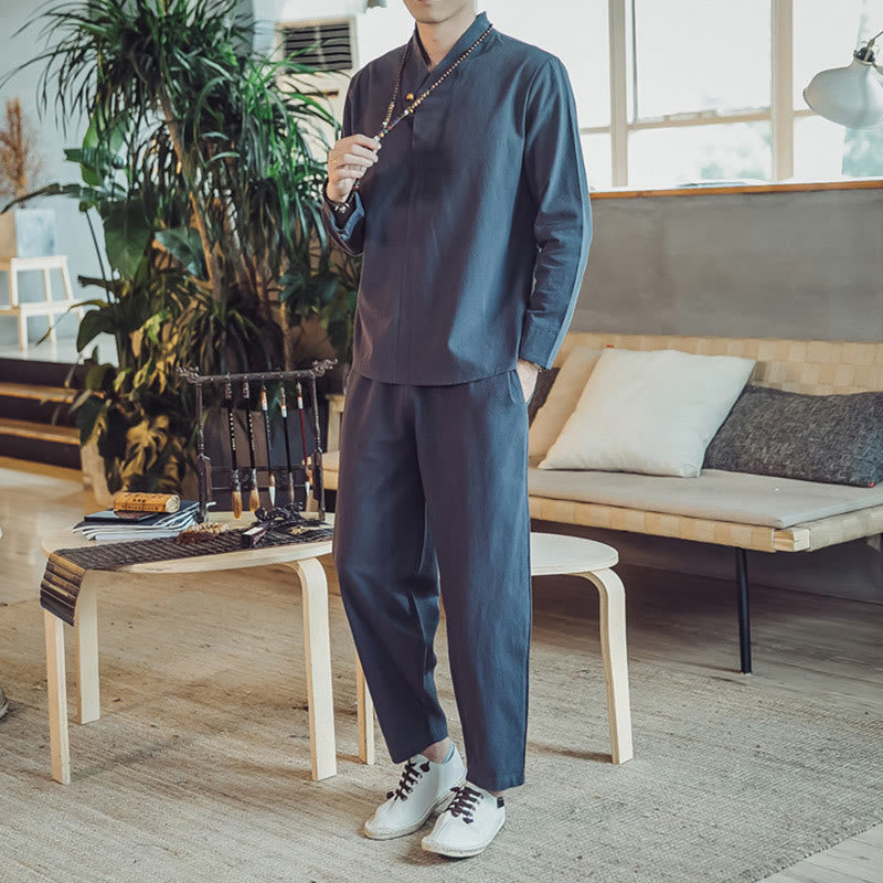 Koszula z Buddha Stones, 2 sztuki, spodnie do kostek z kieszeniami, męski zestaw do medytacji - image 36